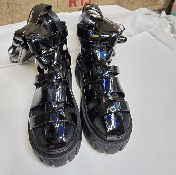 DOLLS KILL Club Exx black holographic stage‎ diver zip pouch gladiator sandals 9 - Picture 8 of 12
